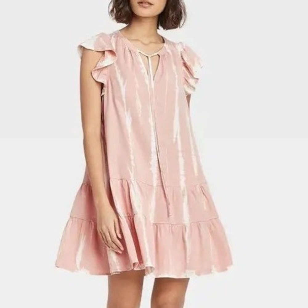 Pink Tie Dye Tiered Mini Dress, Medium,‎ Flutter Sleeve Tie Neck Boho cottage